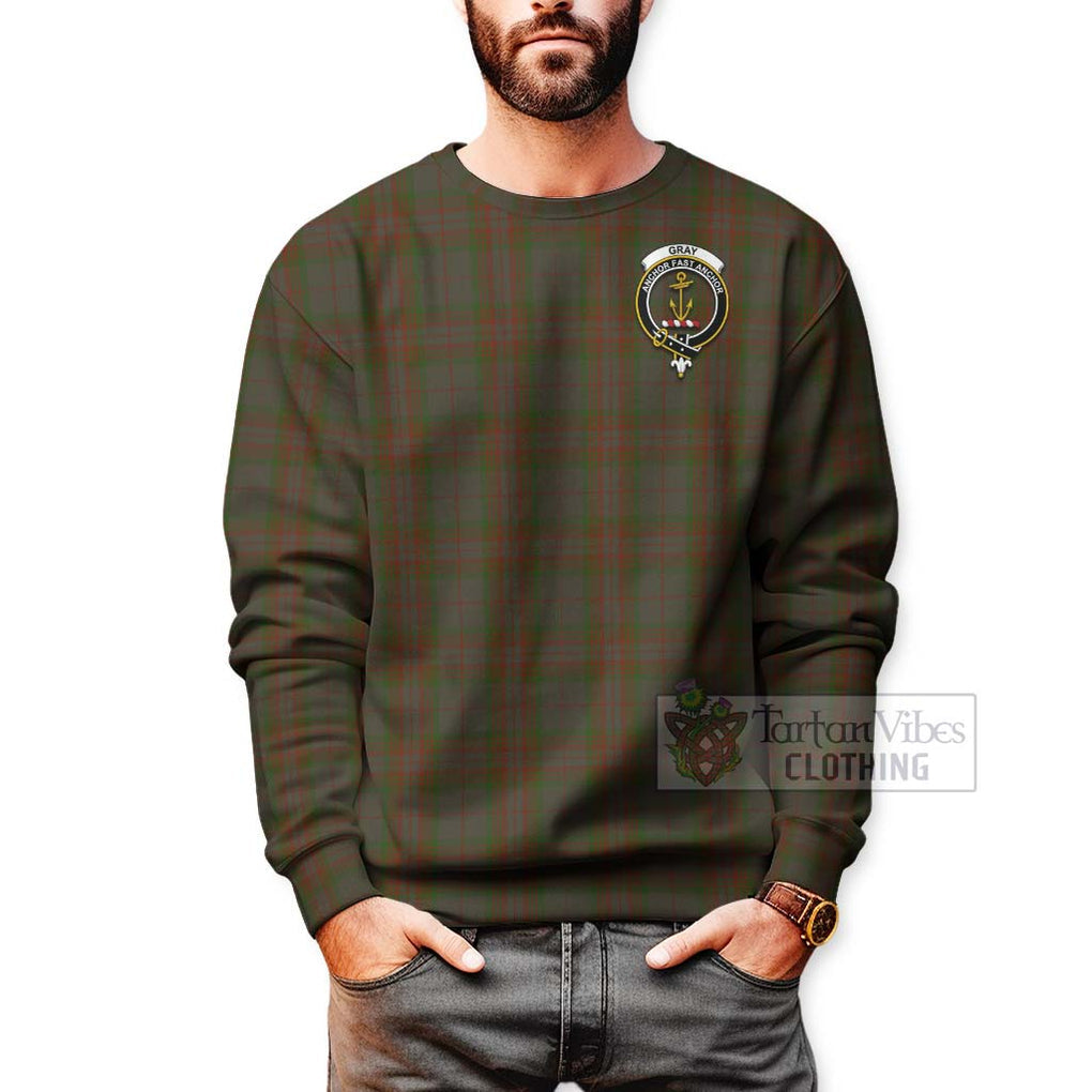 Tartan Vibes Clothing Gray Tartan Sweatshirt with Family Crest and Bearded Skull Holding Bottles of Whiskey