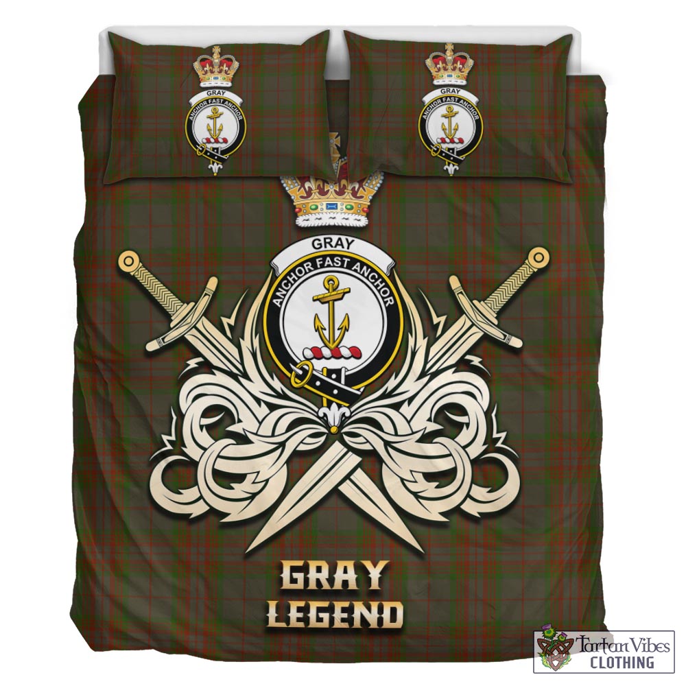 Tartan Vibes Clothing Gray Tartan Bedding Set with Clan Crest and the Golden Sword of Courageous Legacy