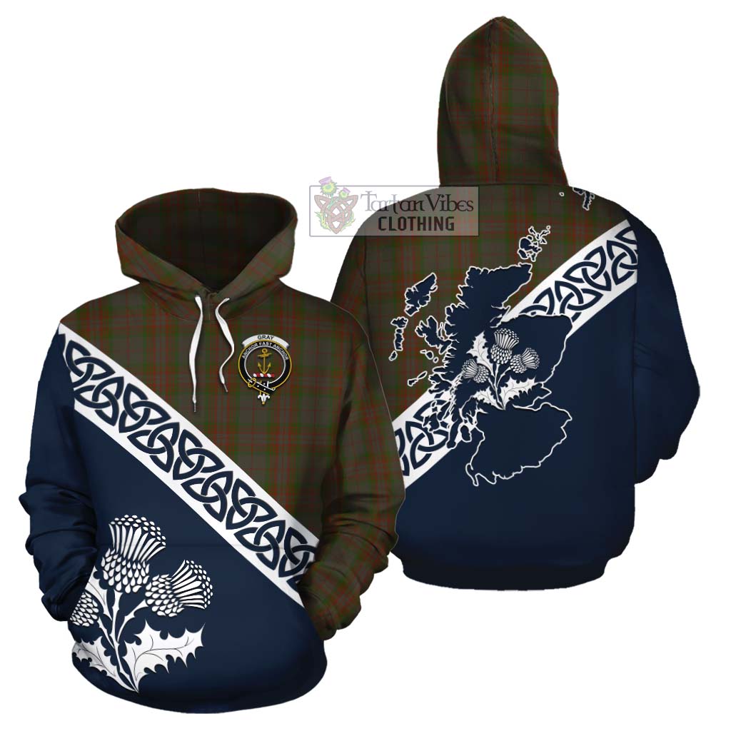 Tartan Vibes Clothing Gray Tartan Cotton Hoodie Featuring Thistle and Scotland Map