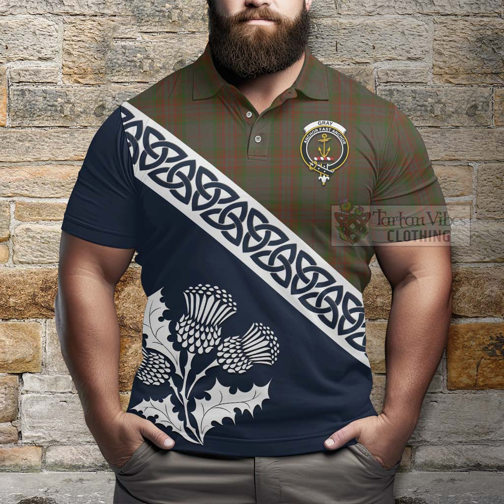 Gray Tartan Polo Shirt Featuring Thistle and Scotland Map