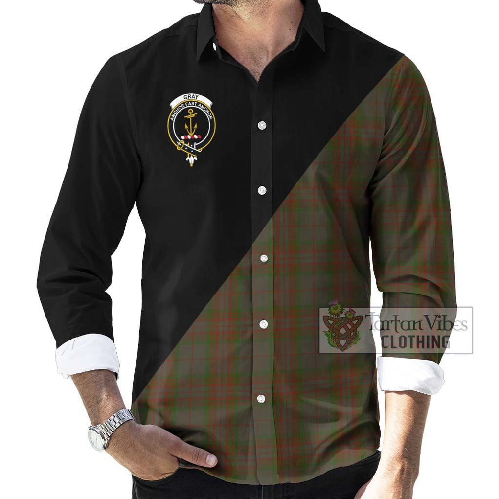 Gray Tartan Long Sleeve Button Shirt with Family Crest and Military Logo Style - Tartanvibesclothing Shop