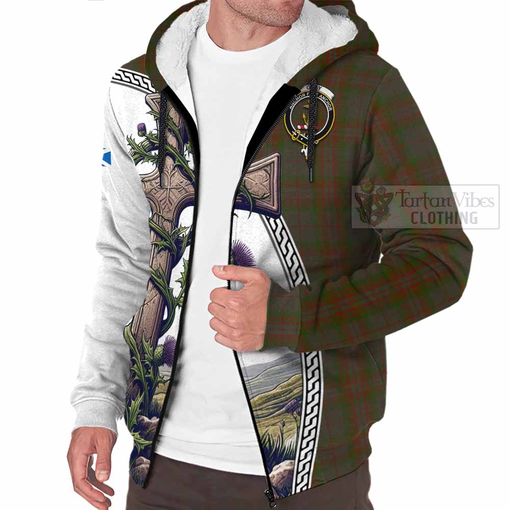 Tartan Vibes Clothing Gray Tartan Sherpa Hoodie with Family Crest and St. Andrew's Cross Accented by Thistle Vines