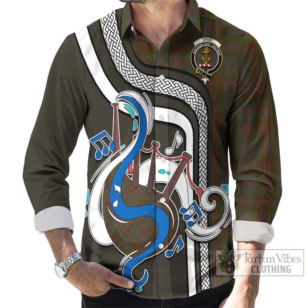 Gray Tartan Long Sleeve Button Shirt with Epic Bagpipe Style - Tartanvibesclothing Shop