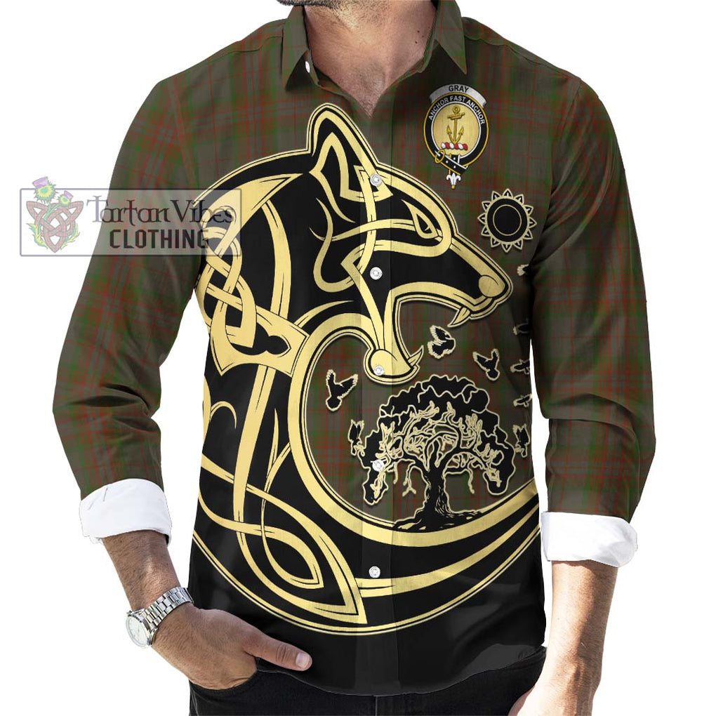 Gray Tartan Long Sleeve Button Shirt with Family Crest Celtic Wolf Style - Tartan Vibes Clothing