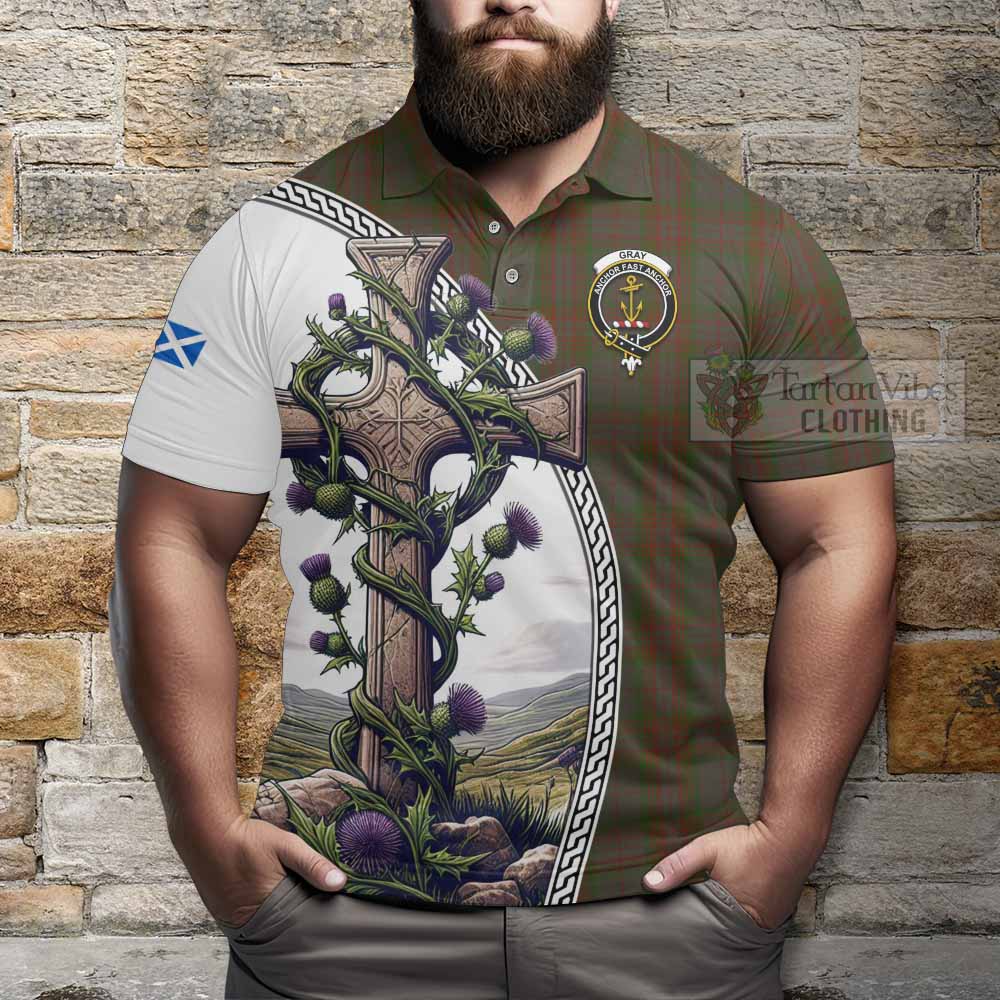 Tartan Vibes Clothing Gray Tartan Polo Shirt with Family Crest and St. Andrew's Cross Accented by Thistle Vines