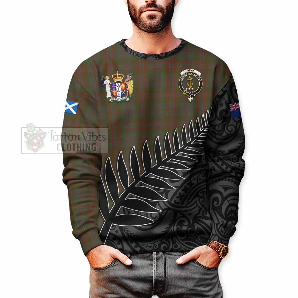 Tartan Vibes Clothing Gray Crest Tartan Sweatshirt with New Zealand Silver Fern Half Style