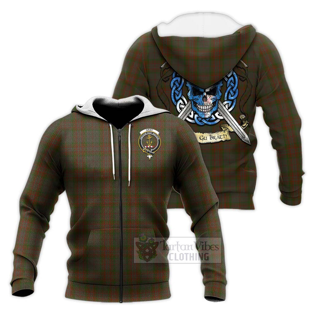 Tartan Vibes Clothing Gray Tartan Knitted Hoodie with Family Crest Celtic Skull Style