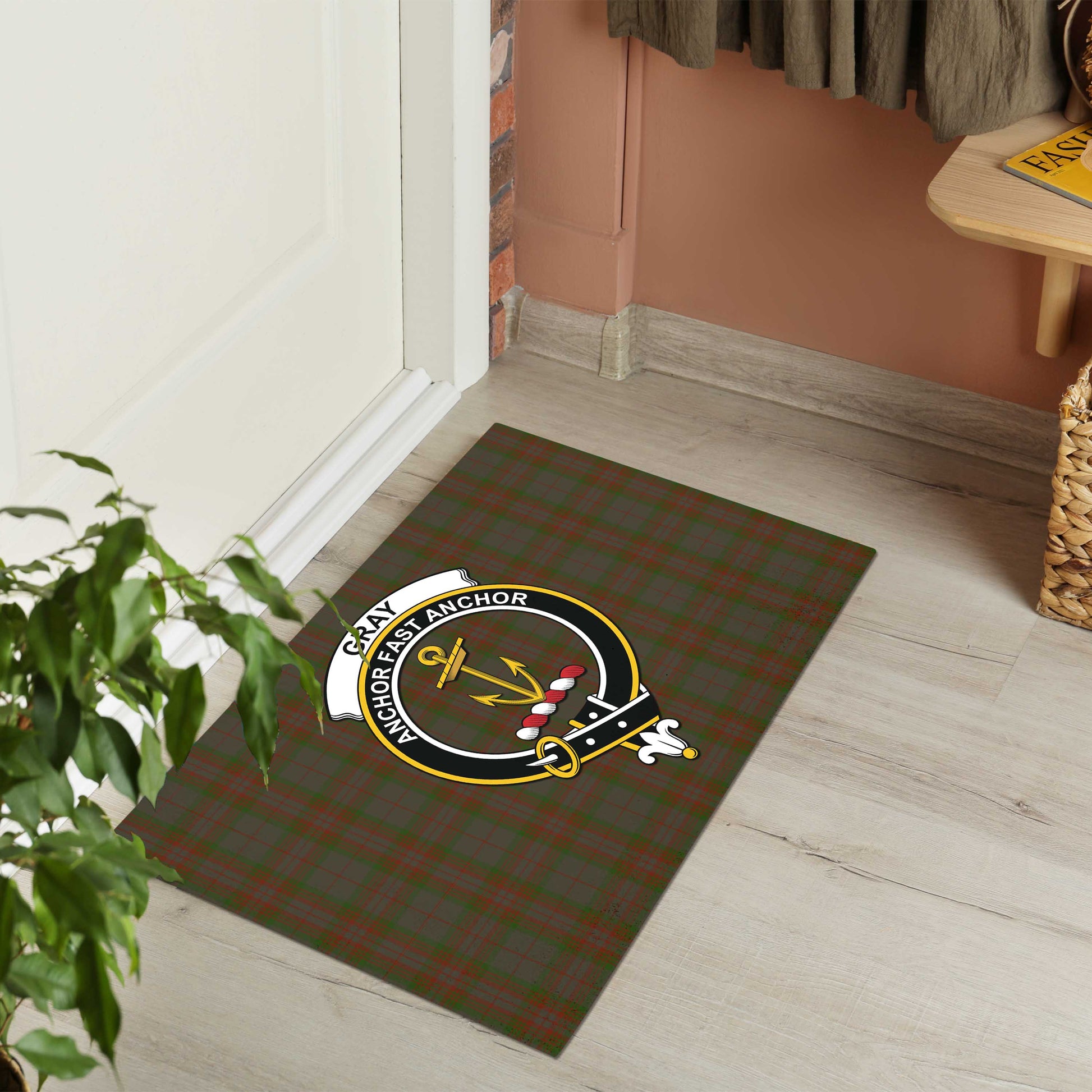 Gray Tartan Door Mat with Family Crest - Tartanvibesclothing