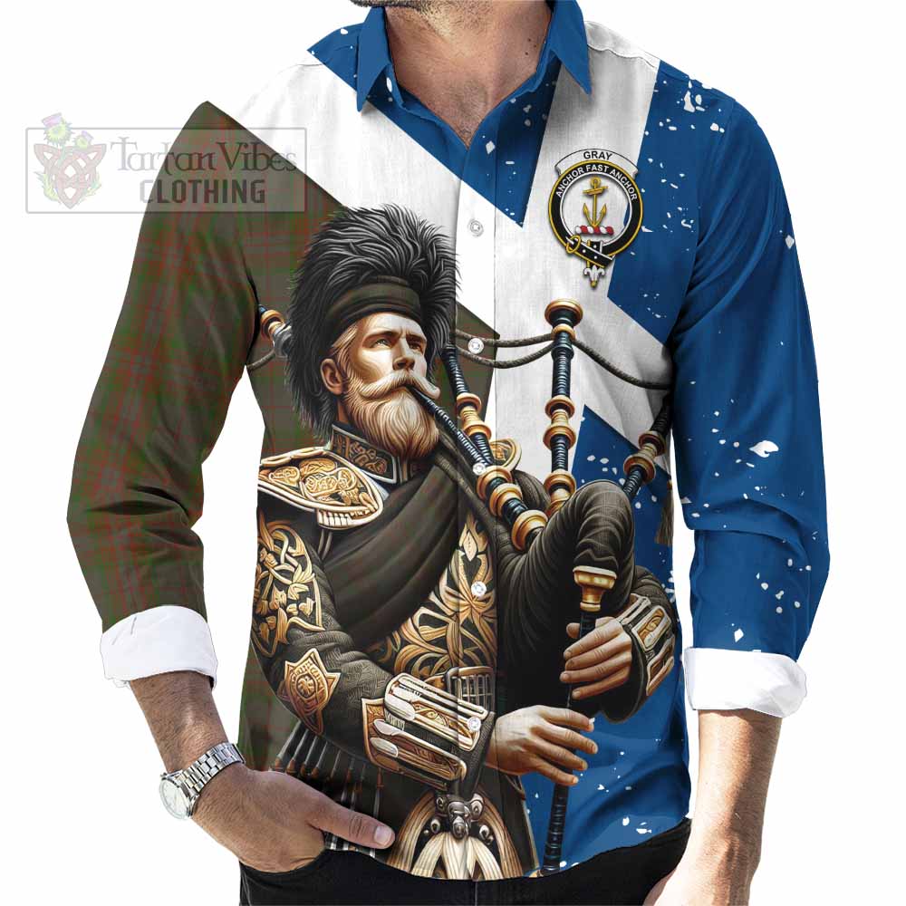 Tartan Vibes Clothing Gray Tartan Long Sleeve Button Shirt with Family Crest Scottish Bagpiper Vibes