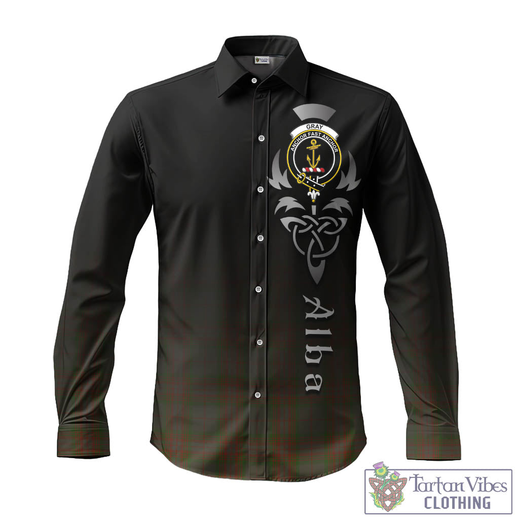 Tartan Vibes Clothing Gray Tartan Long Sleeve Button Up Featuring Alba Gu Brath Family Crest Celtic Inspired