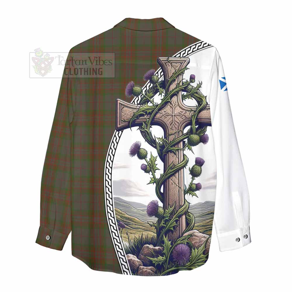 Tartan Vibes Clothing Gray Tartan Women's Casual Shirt with Family Crest and St. Andrew's Cross Accented by Thistle Vines