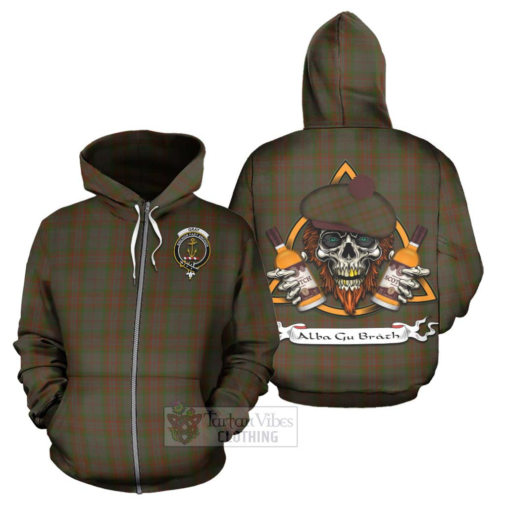 Tartan Vibes Clothing Gray Tartan Hoodie with Family Crest and Bearded Skull Holding Bottles of Whiskey