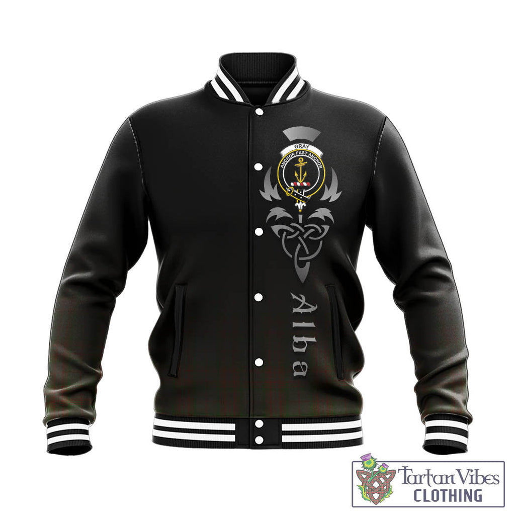 Tartan Vibes Clothing Gray Tartan Baseball Jacket Featuring Alba Gu Brath Family Crest Celtic Inspired