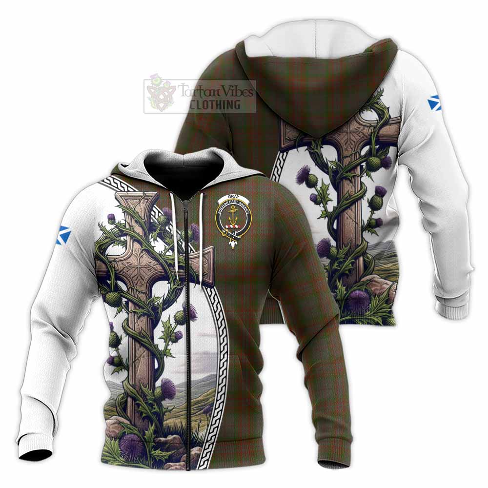 Tartan Vibes Clothing Gray Tartan Knitted Hoodie with Family Crest and St. Andrew's Cross Accented by Thistle Vines