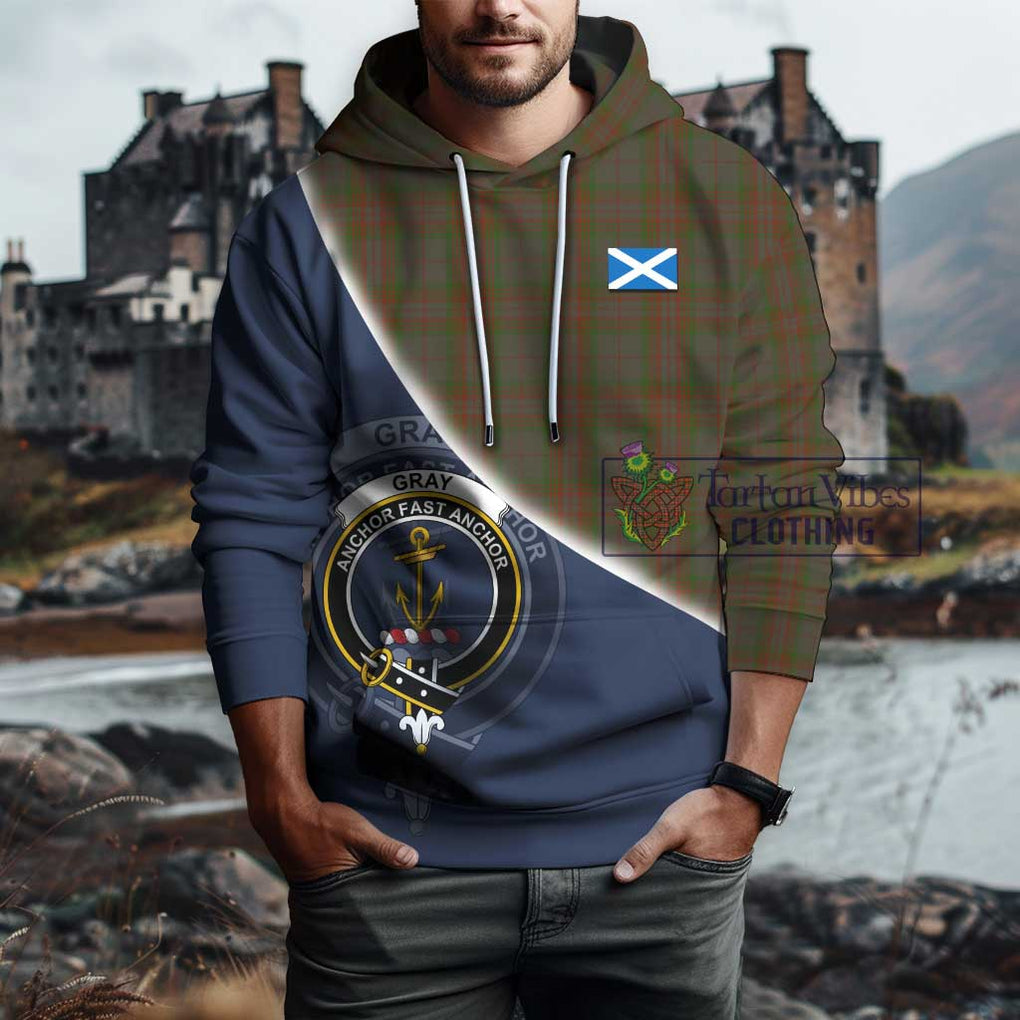 Gray Tartan Hoodie with Personalised National Flag and Family Crest Half Style - Tartanvibesclothing Shop