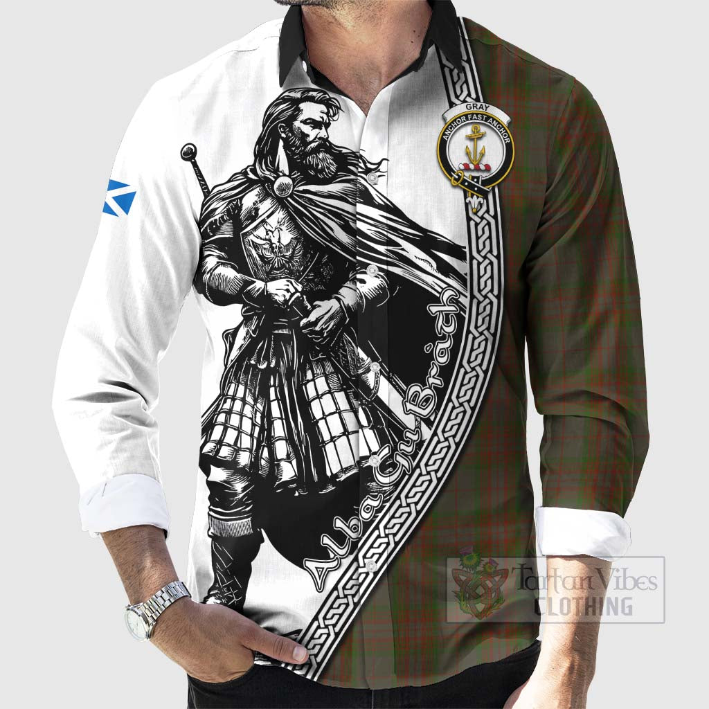 Tartan Vibes Clothing Gray Tartan Clan Crest Long Sleeve Button Shirt with Highlander Warrior Celtic Style