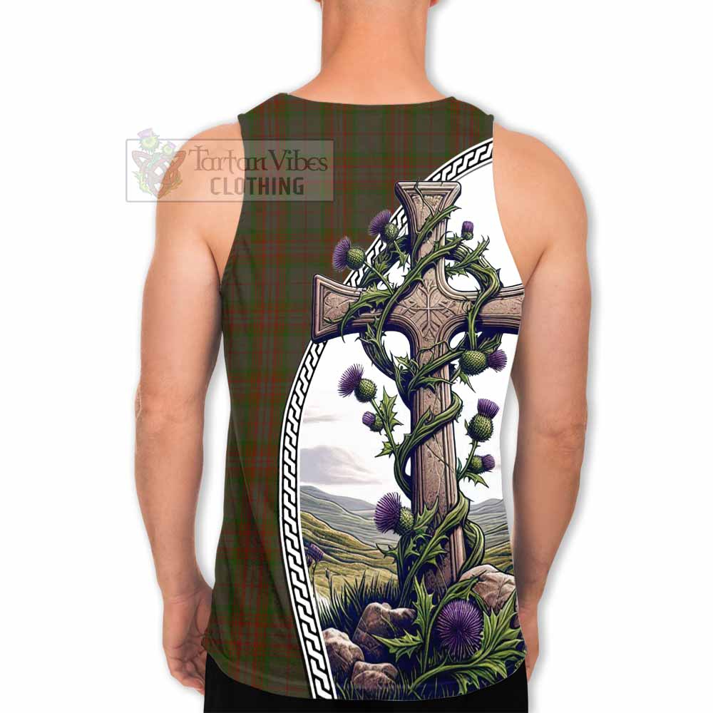 Tartan Vibes Clothing Gray Tartan Men's Tank Top with Family Crest and St. Andrew's Cross Accented by Thistle Vines