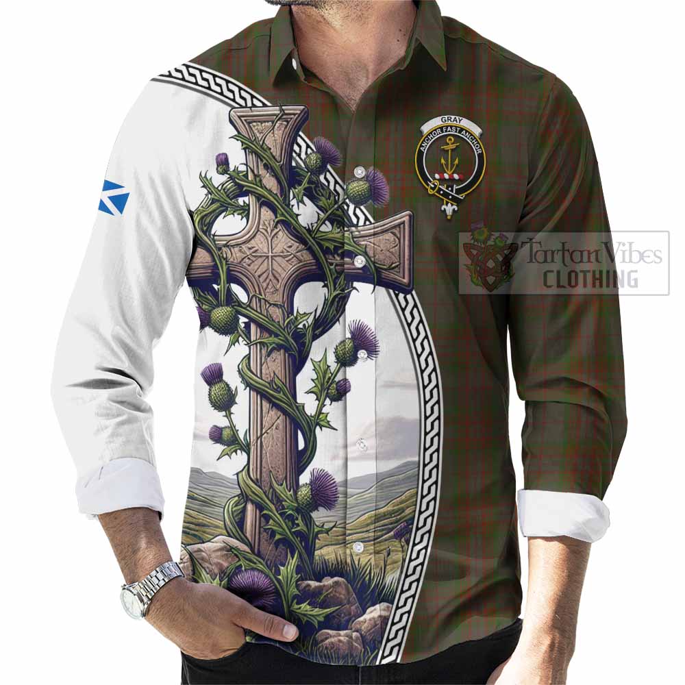 Tartan Vibes Clothing Gray Tartan Long Sleeve Button Shirt with Family Crest and St. Andrew's Cross Accented by Thistle Vines