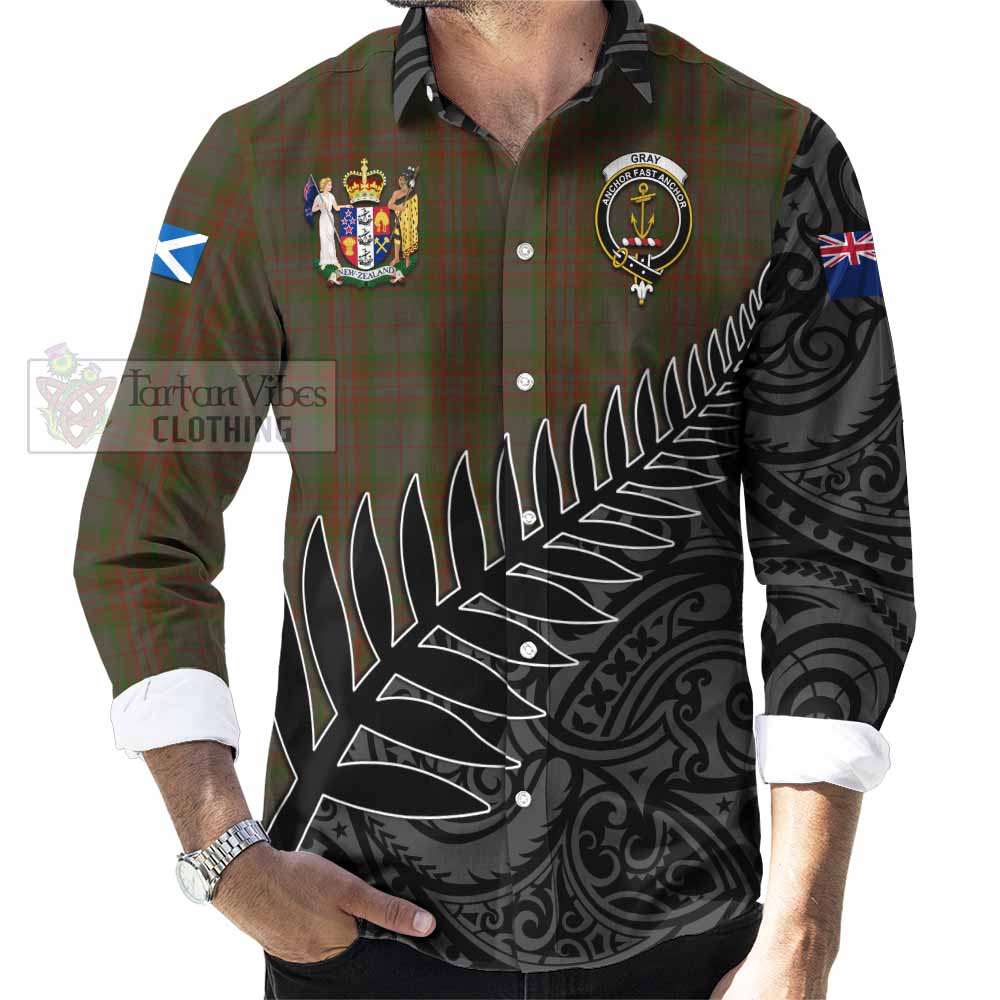 Tartan Vibes Clothing Gray Crest Tartan Long Sleeve Button Shirt with New Zealand Silver Fern Half Style