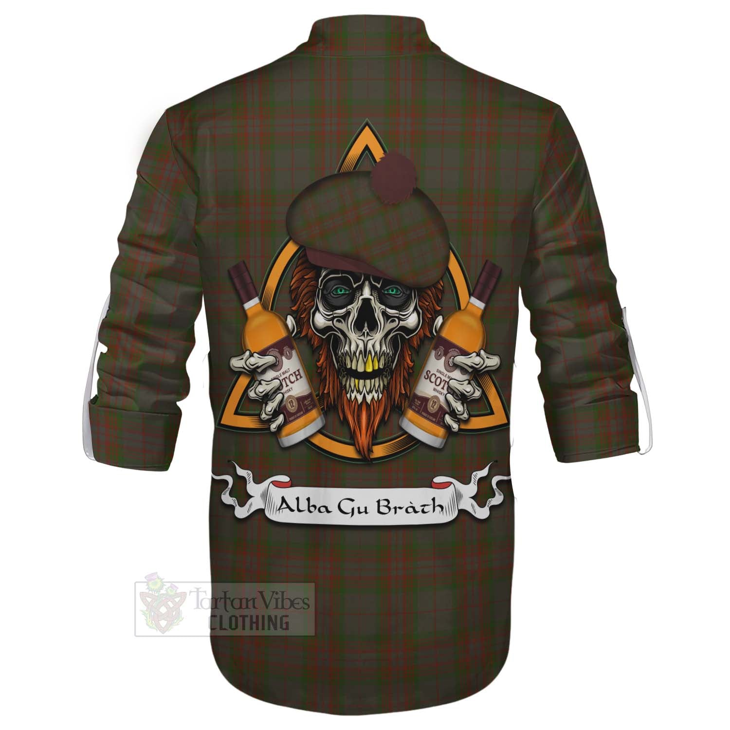 Tartan Vibes Clothing Gray Tartan Ghillie Kilt Shirt with Family Crest and Bearded Skull Holding Bottles of Whiskey