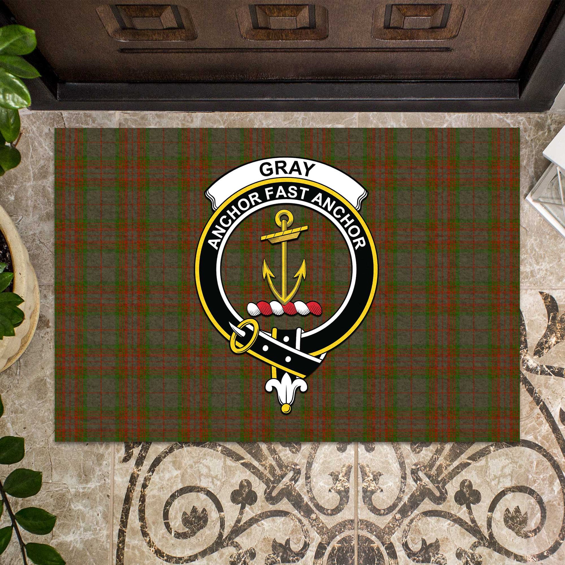 Gray Tartan Door Mat with Family Crest - Tartanvibesclothing