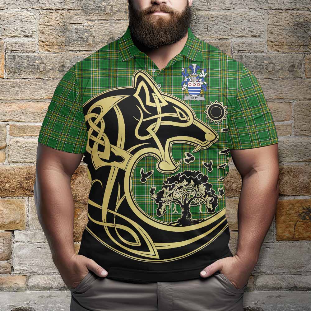 Tartan Vibes Clothing Gray Irish Tartan Polo Shirt with Coat of Arms Celtic Wolf Style