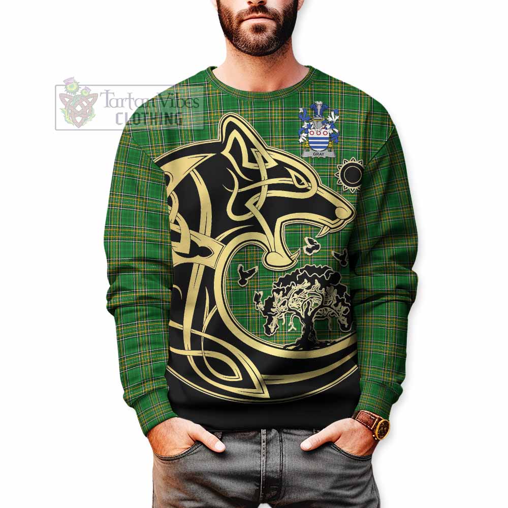 Tartan Vibes Clothing Gray Irish Tartan Sweatshirt with Coat of Arms Celtic Wolf Style