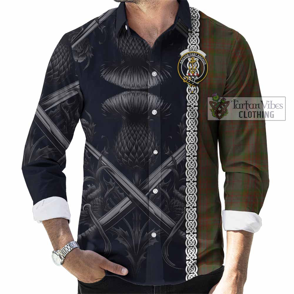 Gray Tartan Long Sleeve Button Shirt with Family Crest Cross Sword Thistle Celtic Vibes - Tartan Vibes Clothing
