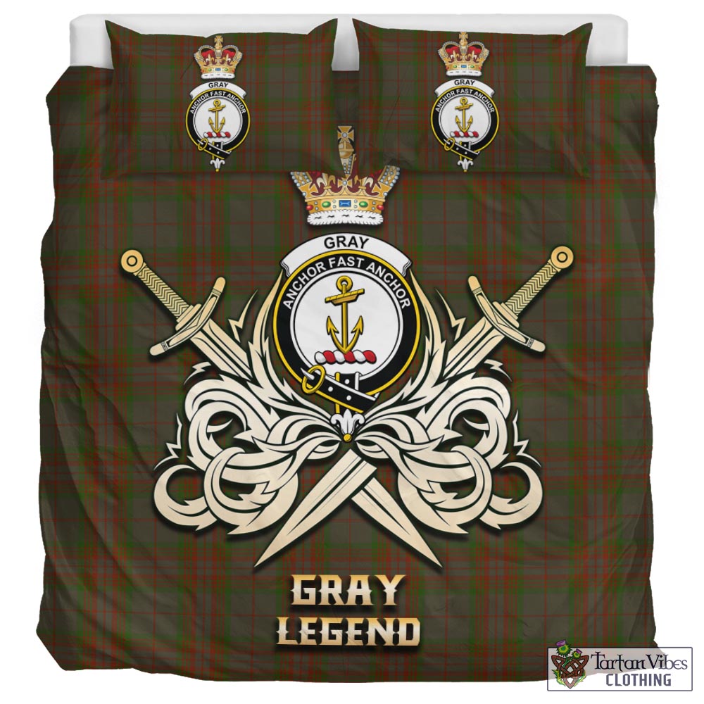 Tartan Vibes Clothing Gray Tartan Bedding Set with Clan Crest and the Golden Sword of Courageous Legacy