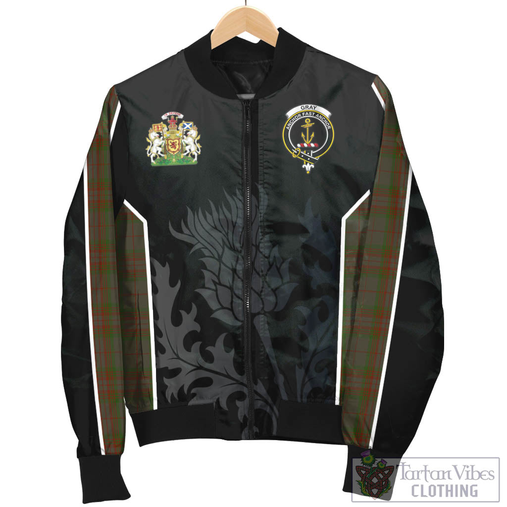 Tartan Vibes Clothing Gray Tartan Bomber Jacket with Family Crest and Scottish Thistle Vibes Sport Style