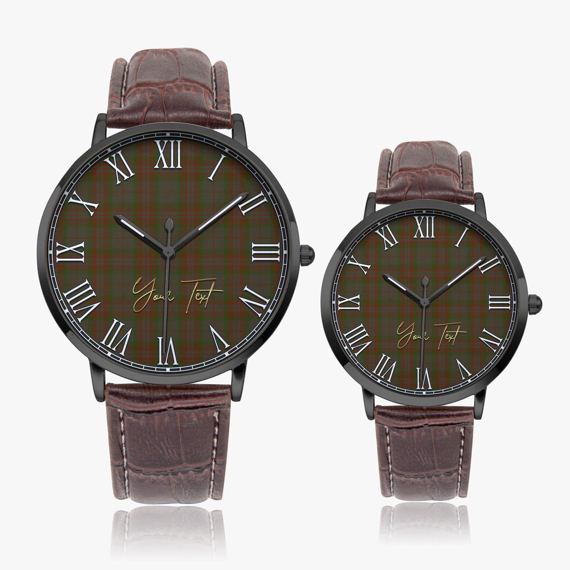 Gray Tartan Personalized Your Text Leather Trap Quartz Watch Ultra Thin Black Case With Brown Leather Strap - Tartanvibesclothing