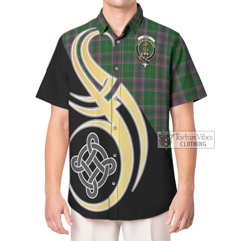 Gray Hunting Tartan Short Sleeve Button Shirt with Family Crest and Celtic Symbol Style Kid - Tartan Vibes Clothing