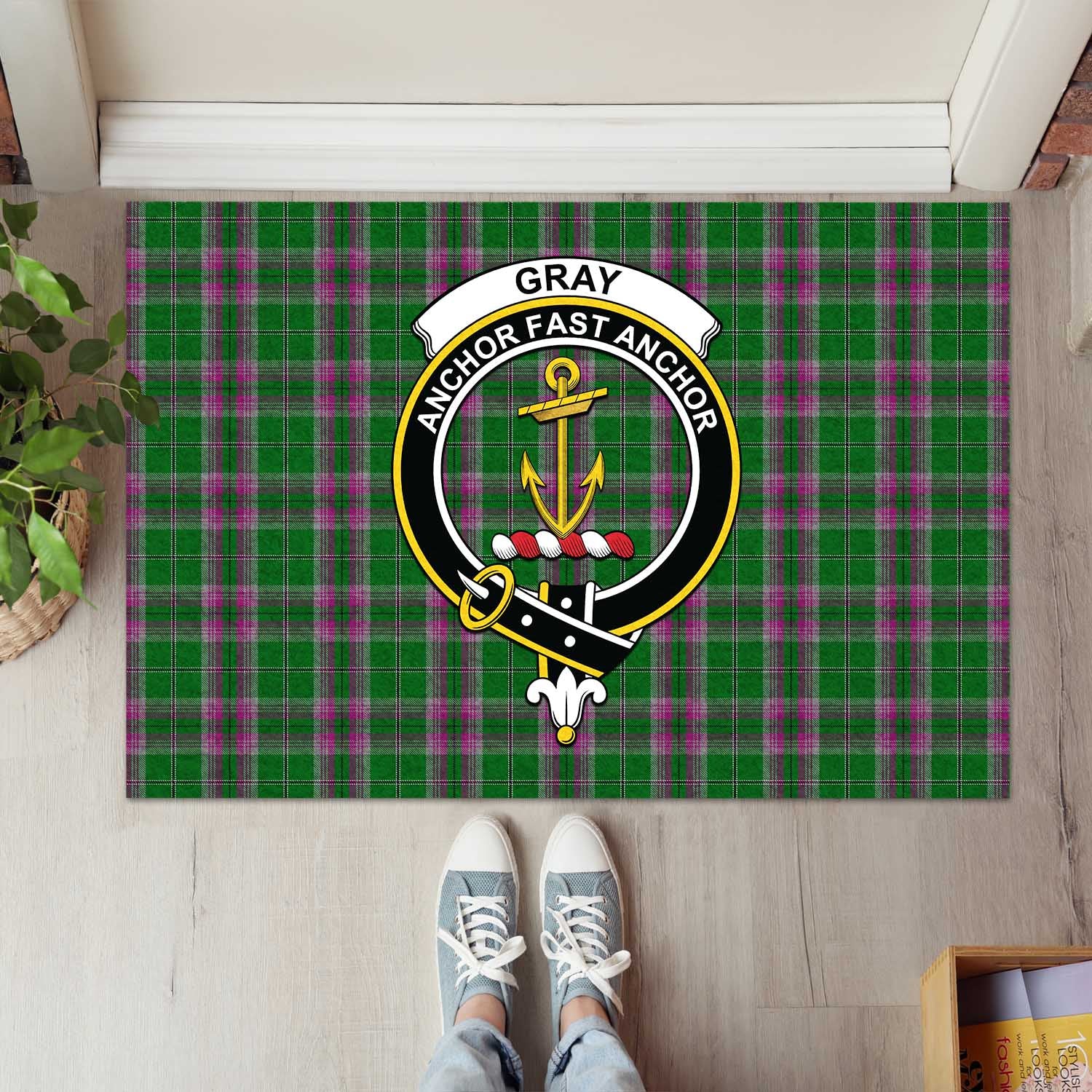 Gray Hunting Tartan Door Mat with Family Crest - Tartanvibesclothing