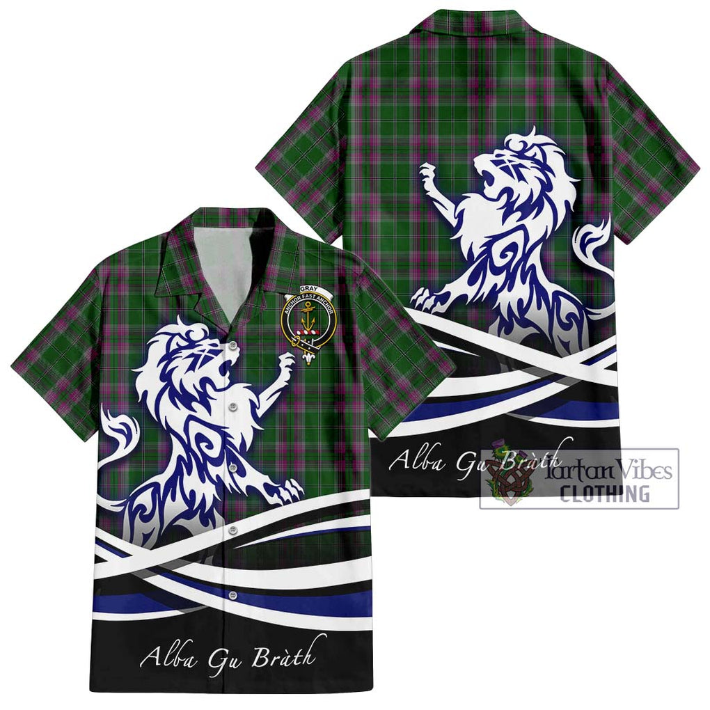 Gray Hunting Tartan Short Sleeve Button Shirt with Alba Gu Brath Regal Lion Emblem Kid - Tartanvibesclothing Shop