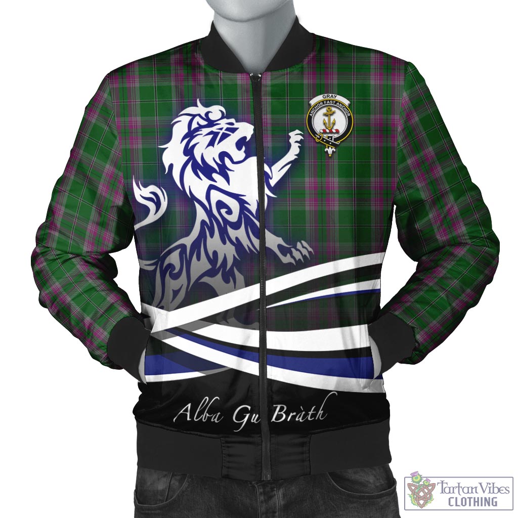 Tartan Vibes Clothing Gray Hunting Tartan Bomber Jacket with Alba Gu Brath Regal Lion Emblem