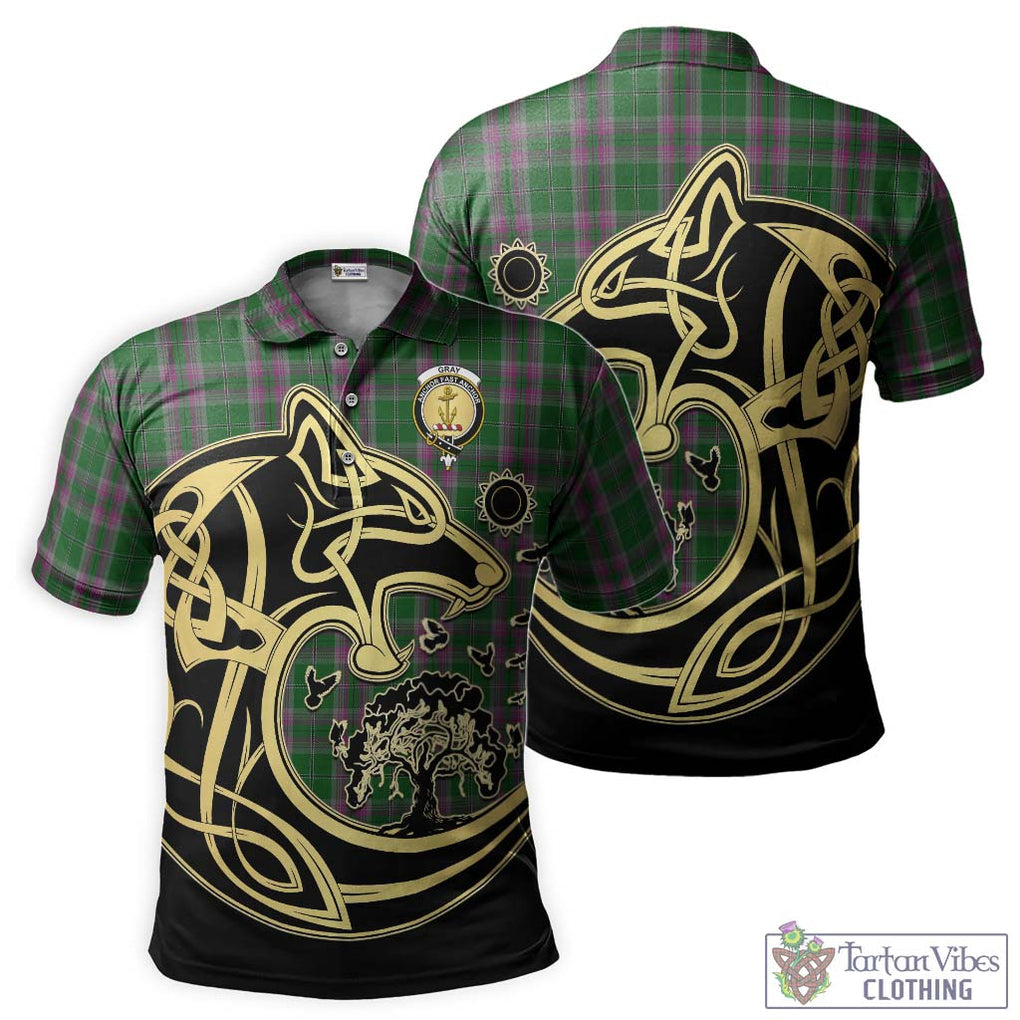 Gray Hunting Tartan Polo Shirt with Family Crest Celtic Wolf Style Kid - Tartanvibesclothing Shop