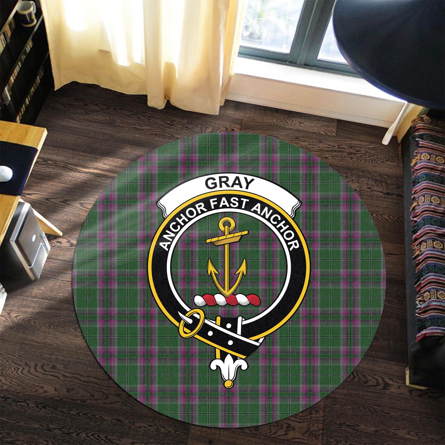 gray-hunting-tartan-round-rug-with-family-crest