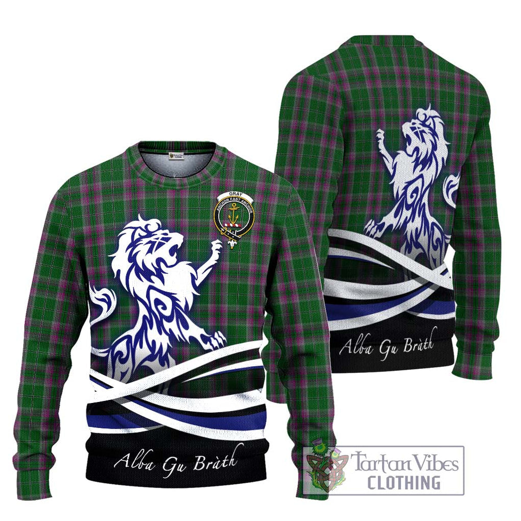 Gray Hunting Tartan Knitted Sweater with Alba Gu Brath Regal Lion Emblem Unisex - Tartanvibesclothing Shop