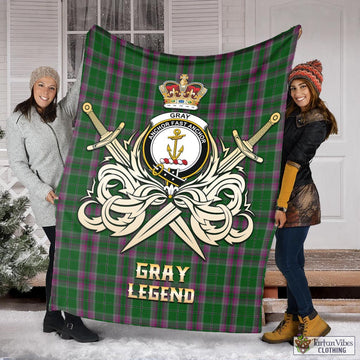 Gray Hunting Tartan Blanket with Clan Crest and the Golden Sword of Courageous Legacy