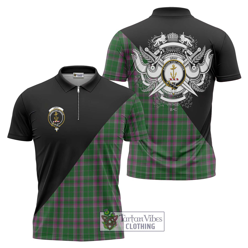 Gray Hunting Tartan Zipper Polo Shirt with Family Crest and Military Logo Style Unisex - Tartanvibesclothing Shop