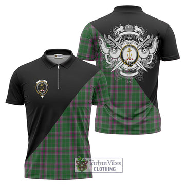 Gray Hunting Tartan Zipper Polo Shirt with Family Crest and Military Logo Style