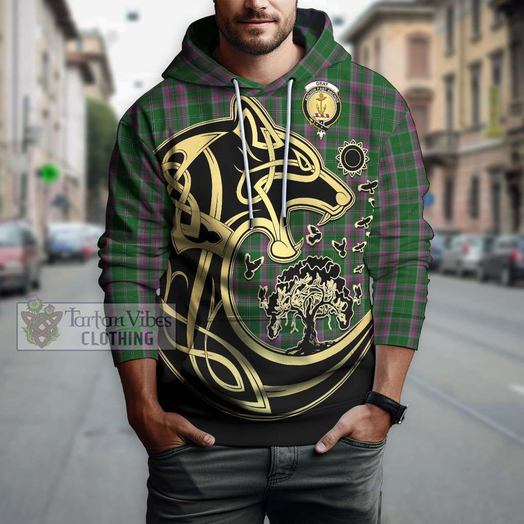 Gray Hunting Tartan Hoodie with Family Crest Celtic Wolf Style Zip Hoodie - Tartan Vibes Clothing