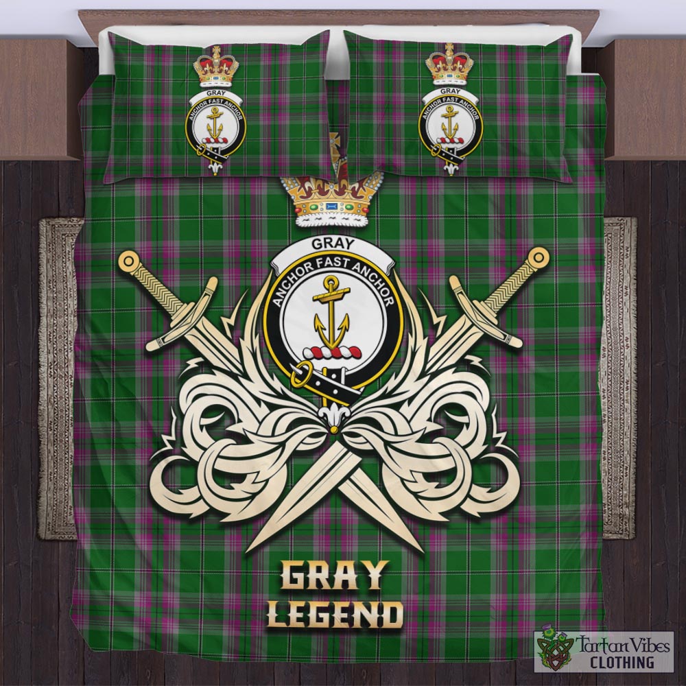 Tartan Vibes Clothing Gray Hunting Tartan Bedding Set with Clan Crest and the Golden Sword of Courageous Legacy