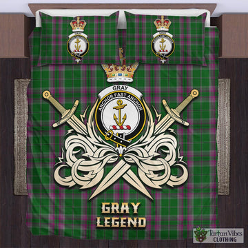 Gray Hunting Tartan Bedding Set with Clan Crest and the Golden Sword of Courageous Legacy