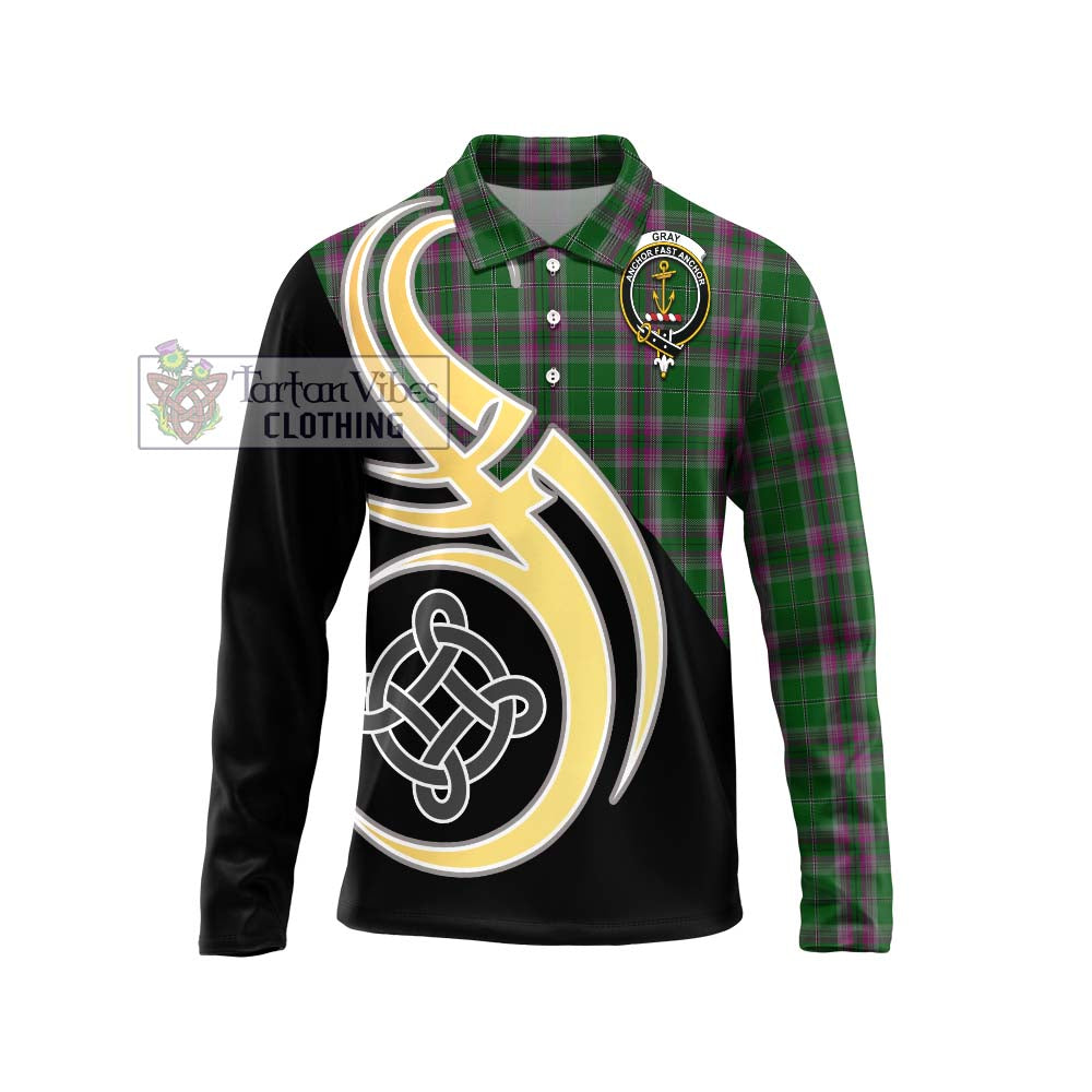 Gray Hunting Tartan Long Sleeve Polo Shirt with Family Crest and Celtic Symbol Style Unisex - Tartan Vibes Clothing