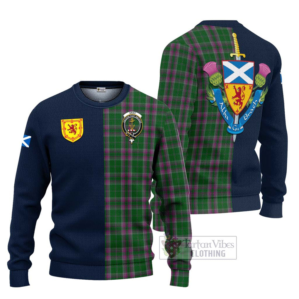 Tartan Vibes Clothing Gray Hunting Tartan Knitted Sweater with Scottish Lion Royal Arm Half Style