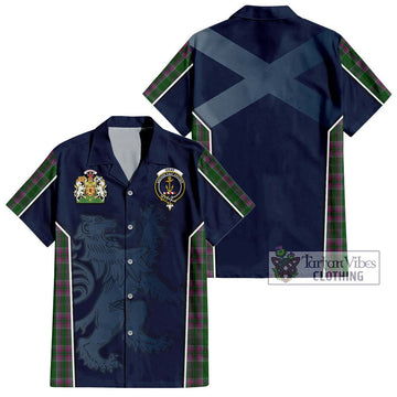 Gray Hunting Tartan Short Sleeve Button Shirt with Family Crest and Lion Rampant Vibes Sport Style