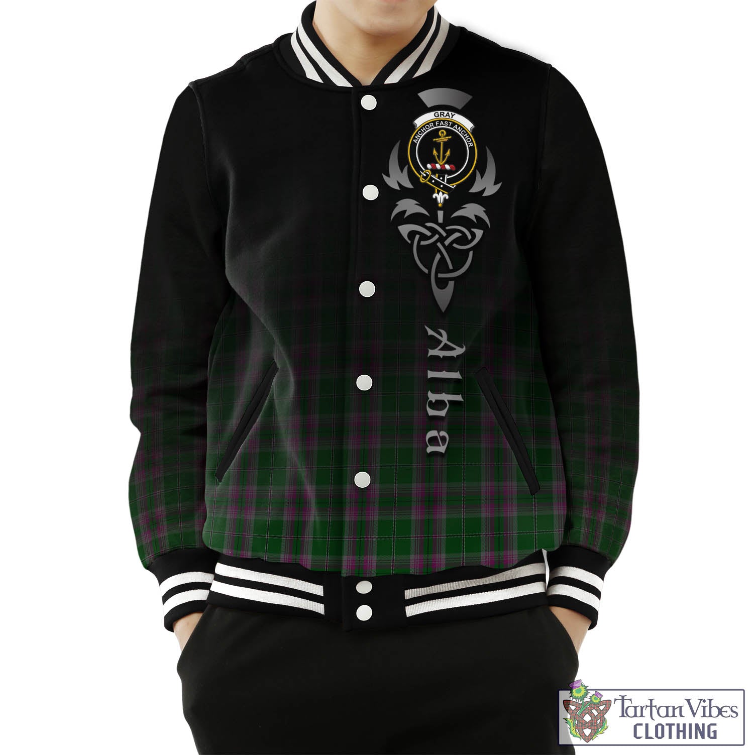 Tartan Vibes Clothing Gray Hunting Tartan Baseball Jacket Featuring Alba Gu Brath Family Crest Celtic Inspired