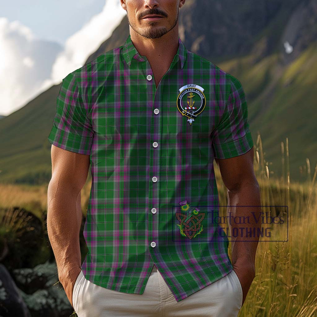 Gray Hunting Tartan Cotton Hawaiian Shirt with Family Crest Adult - Tartan Vibes Clothing