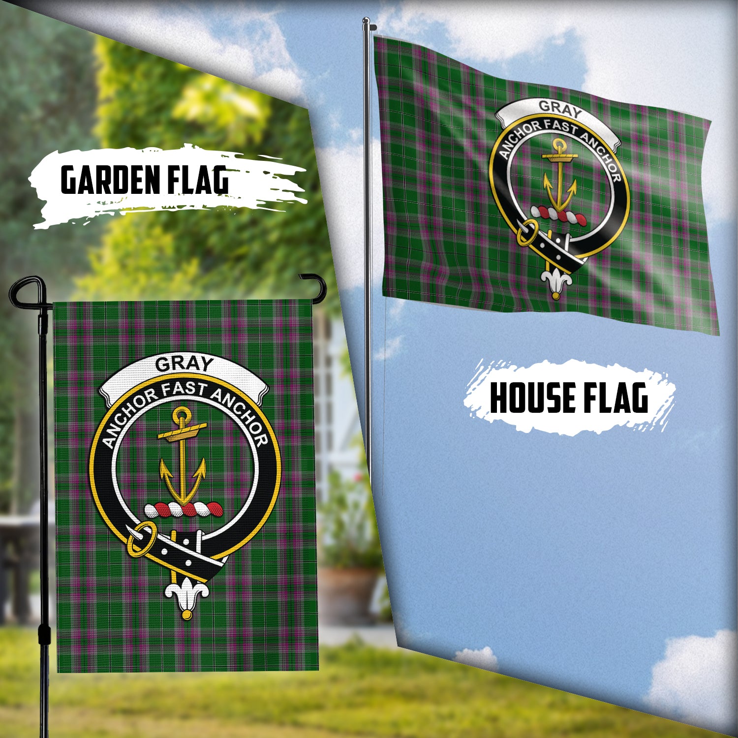 Gray Hunting Tartan Flag with Family Crest Garden Flag (Vertical) - Tartan Vibes Clothing